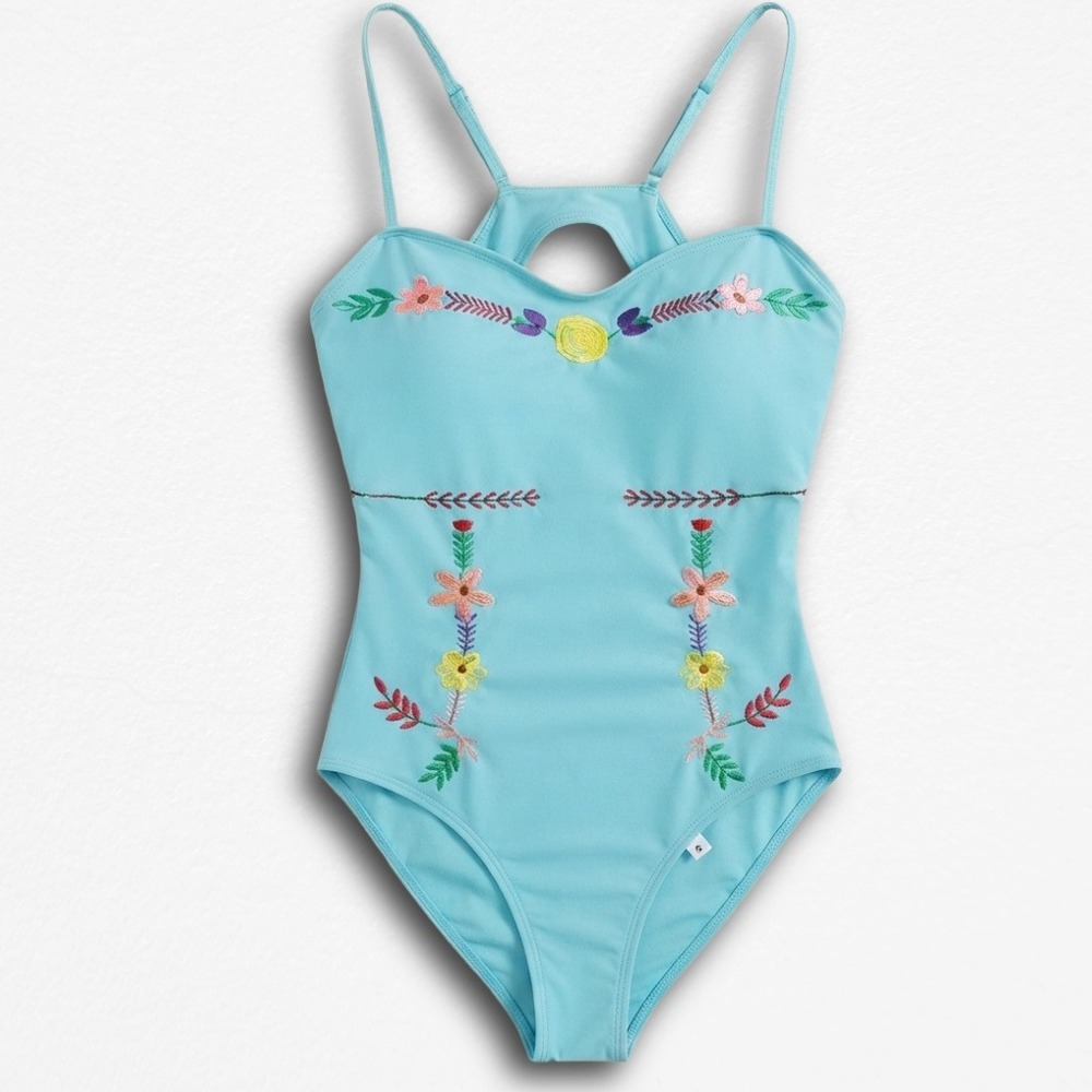 Rad Swim Womens Floral Embroidered One Piece Swimsuit Blue Cutout Small